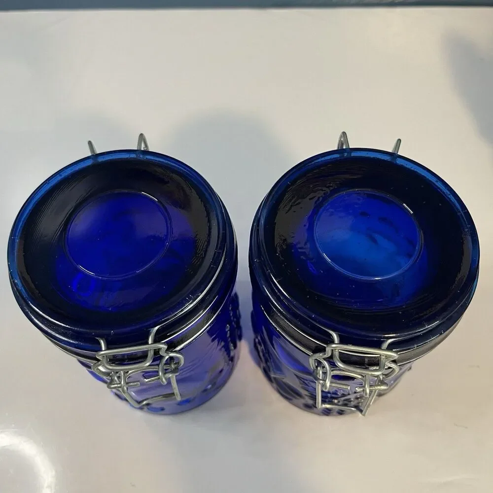 Vtg Cobalt Blue Glass Canister Jar Set (2) Hinged Wire Bail 6” Fruit Design READ
